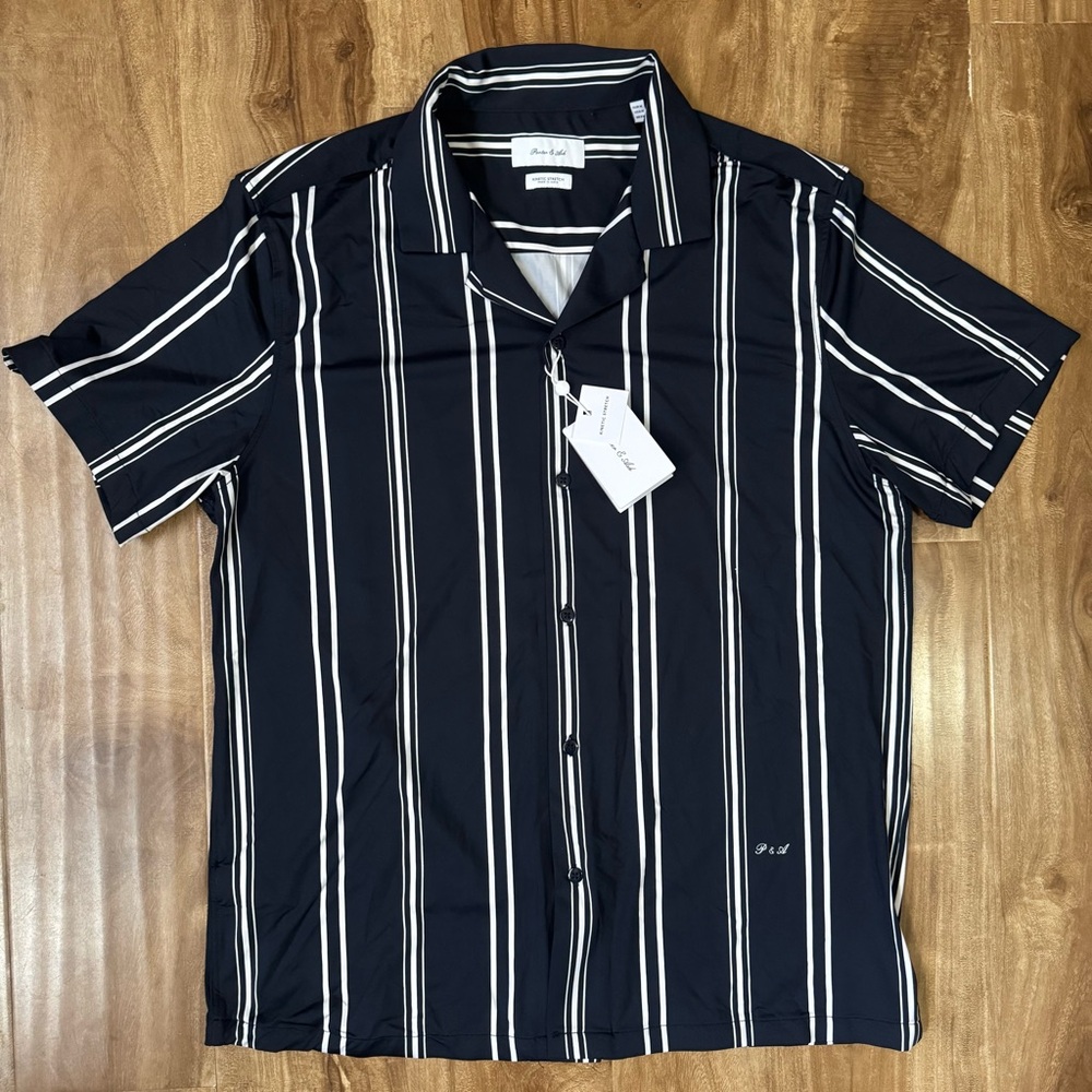 Porter & Ash Men's Kinetic Stretch Navy White Striped Woven Button-Up Shirt M